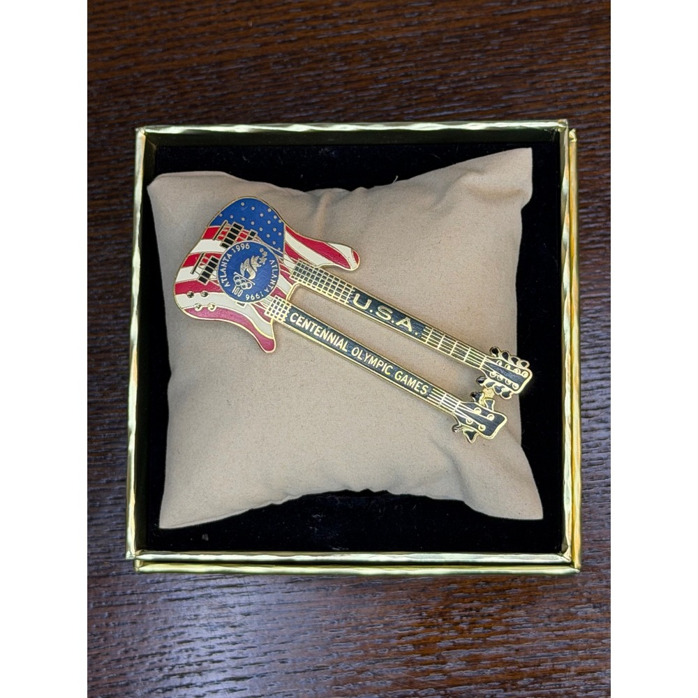 1996 Atlanta Centennial Olympic Games Double Neck Guitar Enamel Pin Boxed